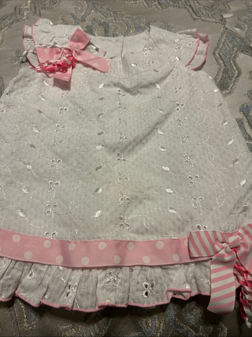 Bonnie Baby White Eyelet Dress with Pink Trim